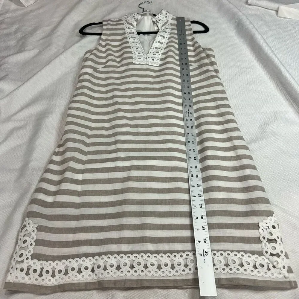 Eliza J Tan White Striped Detailed Hem Linen Cotton Blend Shift Dress Sz 6 Women - Picture 4 of 8